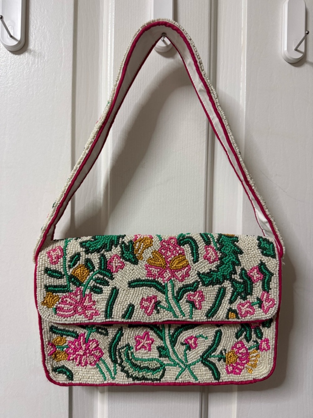 Beaded Floral Shoulder Bag in White, Pink & Green